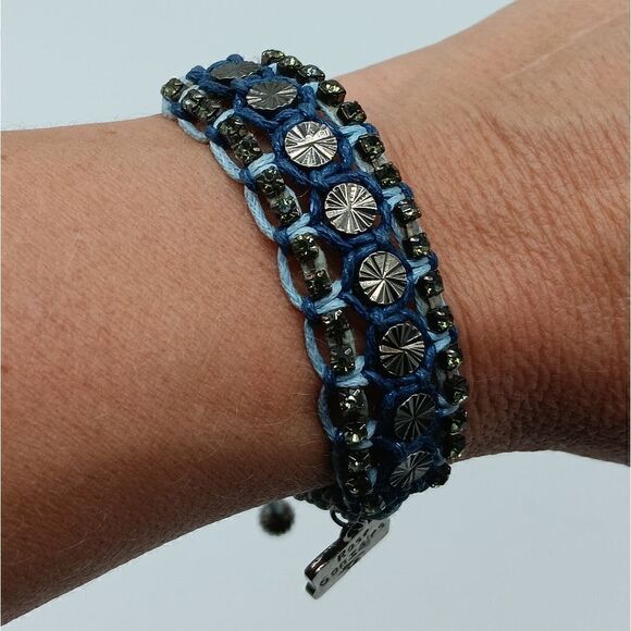 ROSE GONZALES Blue Wide Macreme String Bracelet w/Black Crystals & Silver Discs - Picture 2 of 7